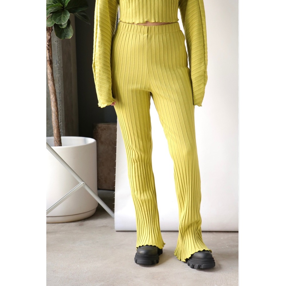 SIMON MILLER Ribbed Flare Pants Lime Green Lettuce Hem Size L